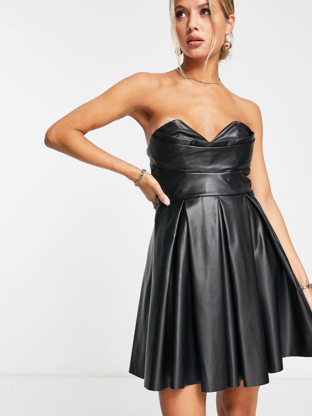 ASOS DESIGN Black Corset PU Bandeau Pleat Skirt Edgy Chic Mini Dress Size 10 - Picture 2 of 6